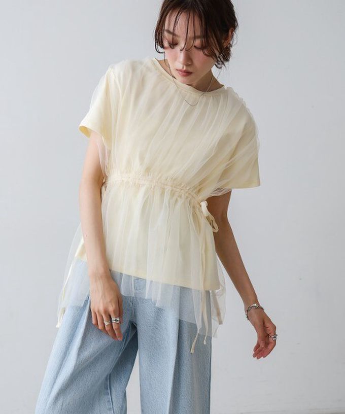 日本 Bab - 仙氣皺摺薄紗 腰綁帶短袖上衣-淺灰