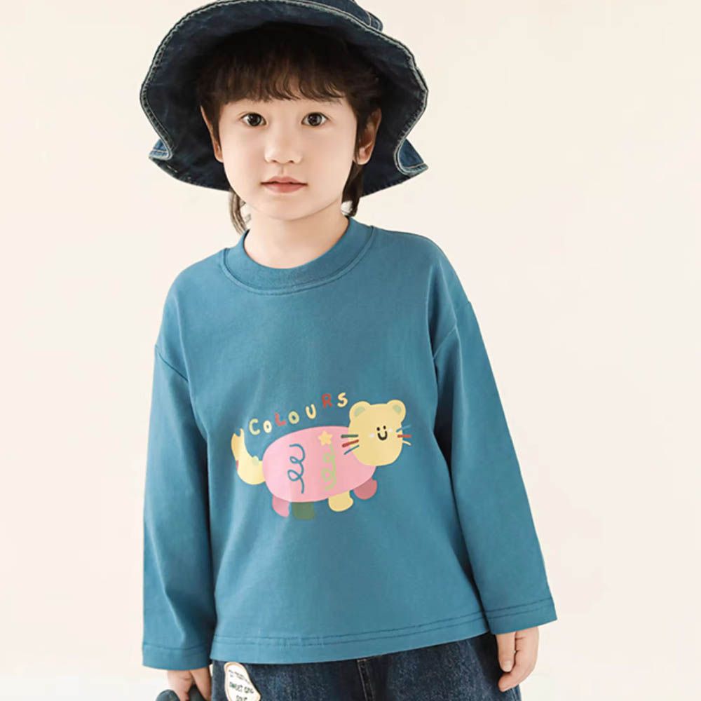 純棉圓領落肩長袖上衣-彩色小動物-藍色