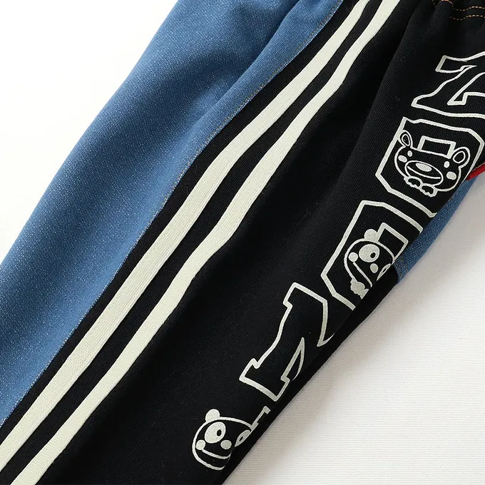 日本 ZOOLAND - 背後熊熊logo側條紋休閒長褲-海軍藍