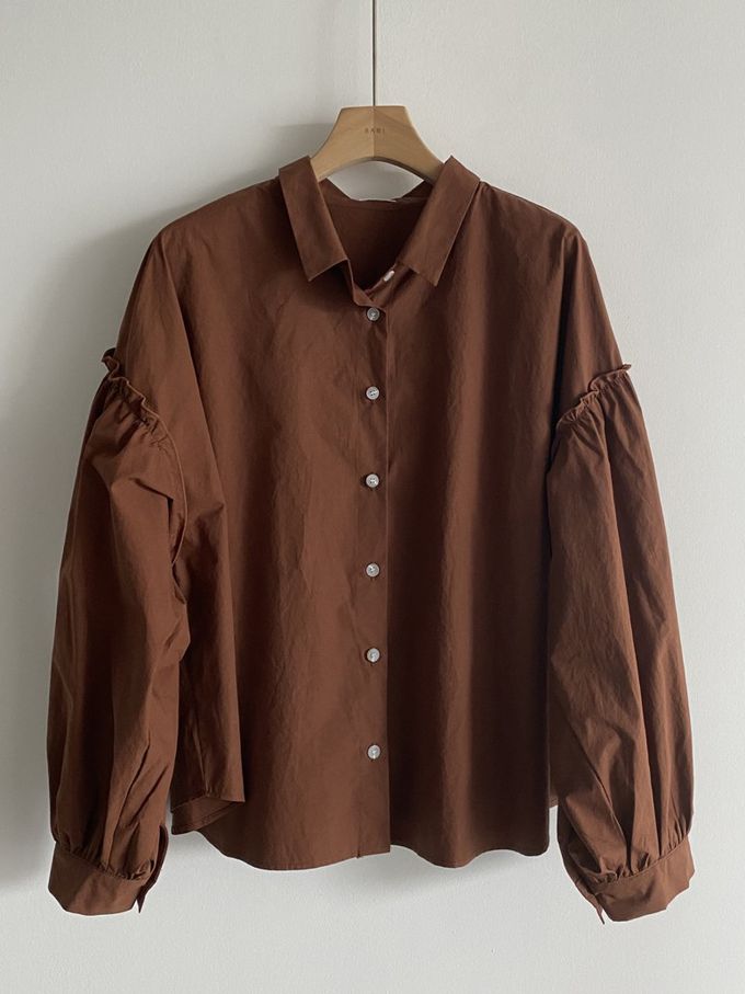 韓國女裝連線 - 極簡拼接翻領長袖襯衫-咖啡紅 (FREE)