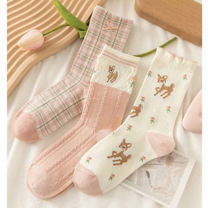 love, charlotte - 粉嫩色小鹿斑比中筒棉襪(均碼腳長22cm+) (FREE (腳長22cm+))-3 雙一組