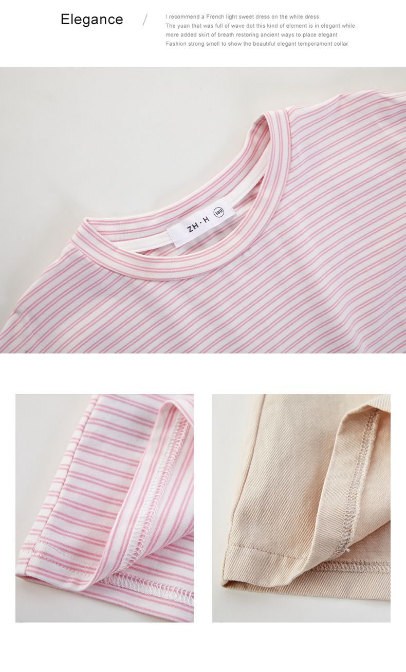 吊帶裙短袖套裝-條紋上衣+小口袋吊帶裙-黑+白+粉