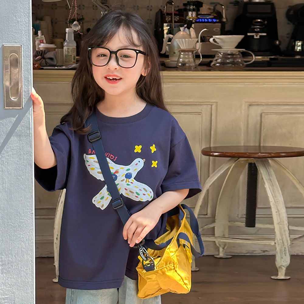 手繪風美式休閒純棉短袖上衣-藏青