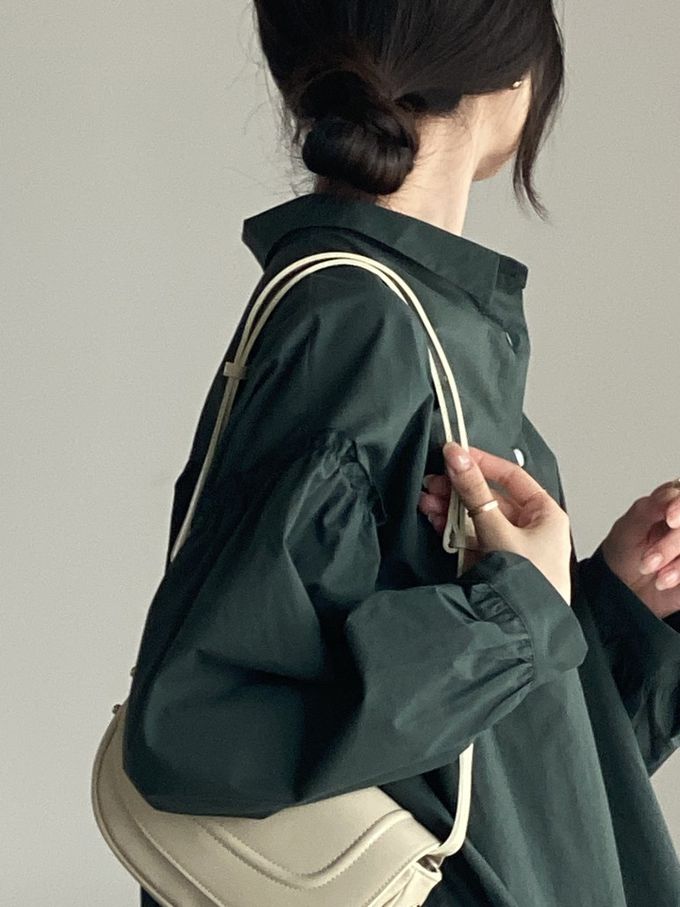 韓國女裝連線 - 極簡拼接翻領長袖襯衫-深綠 (FREE)