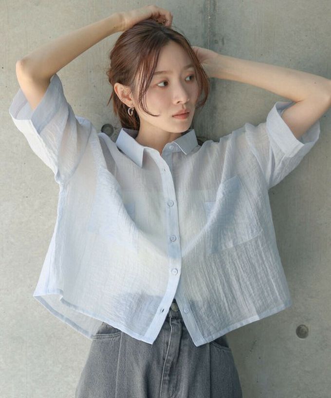 日本 Bab - 透膚感清爽短版五分袖襯衫-卡其棕 (M)