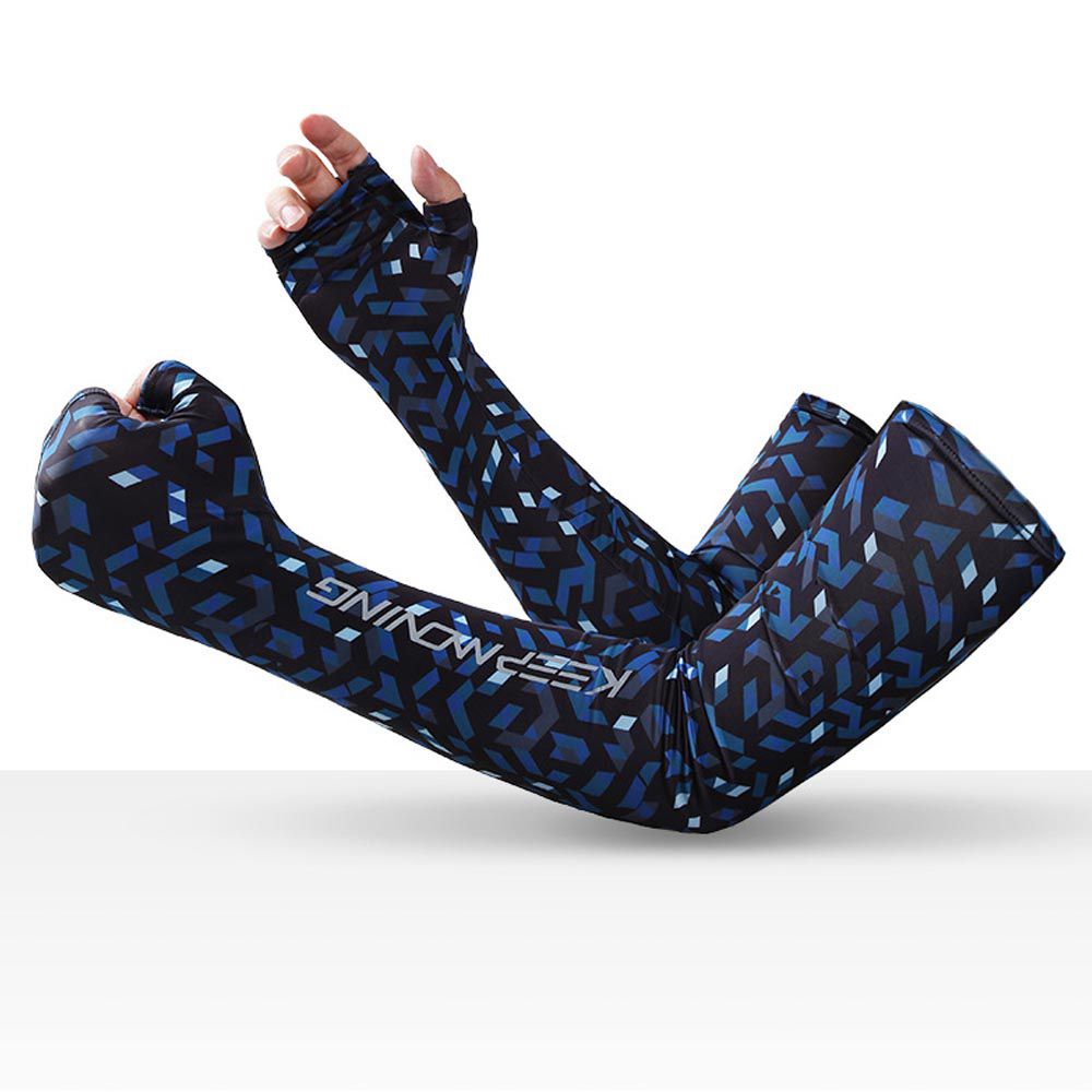 UPF50+成人冰絲涼感防曬袖套-幾何款-藍色