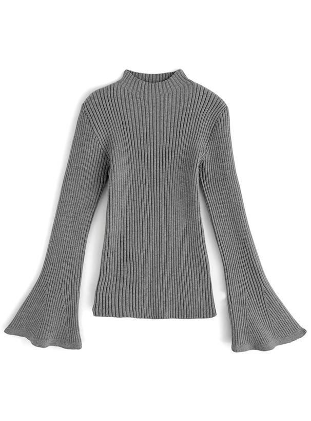 日本 GRL - 微喇叭袖彈性薄針織上衣-奶茶