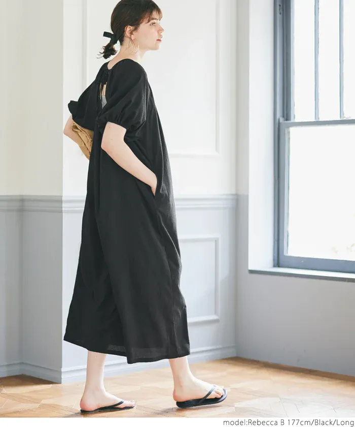 日本 COCA - 甜美後綁帶短袖洋裝-卡其