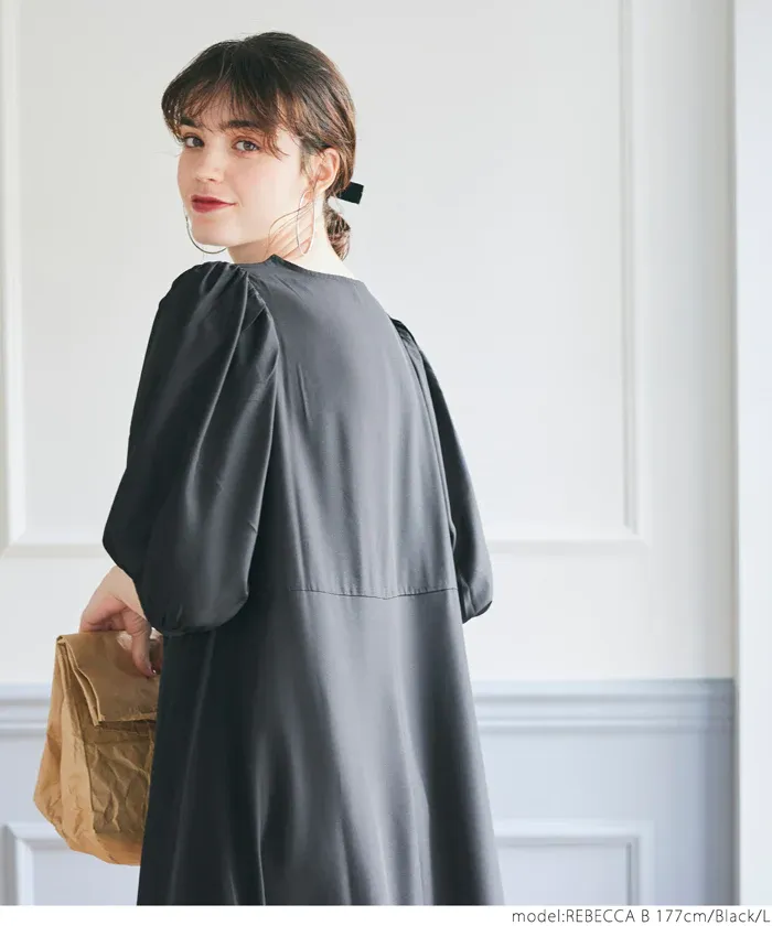 日本 COCA - 顯瘦V領收腰五分袖洋裝-米杏