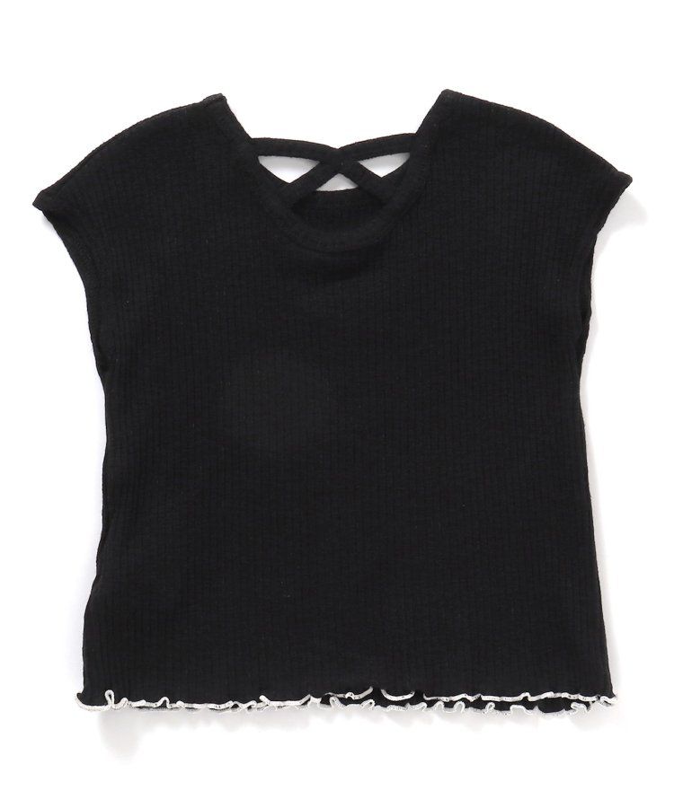 日本 BREEZE - 背交叉下擺捲邊羅紋短袖上衣-紅綠條紋