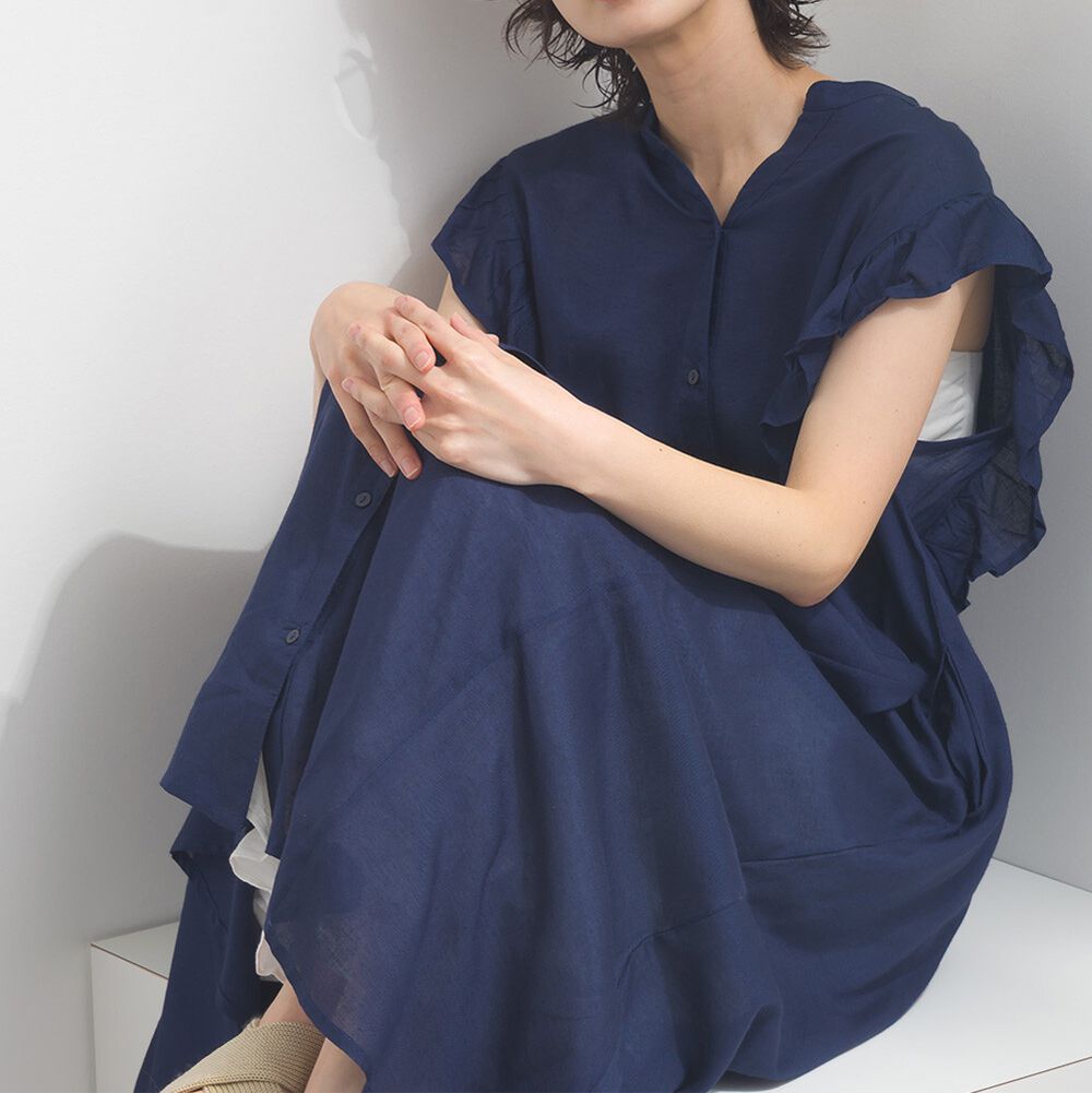 嫘縈混紡開襟柔軟荷葉短袖洋裝-海軍藍