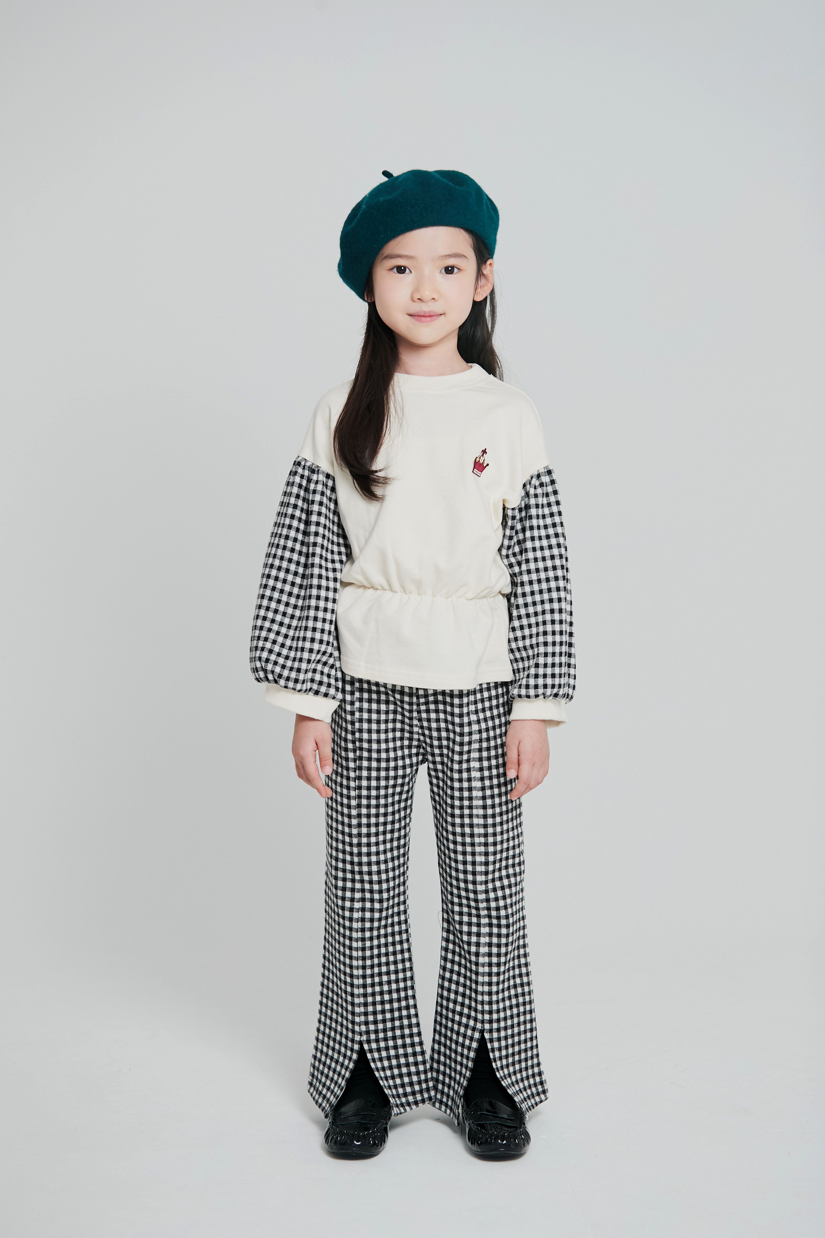 韓國 Coco Bang - 千鳥紋前開衩小喇趴長褲-黑