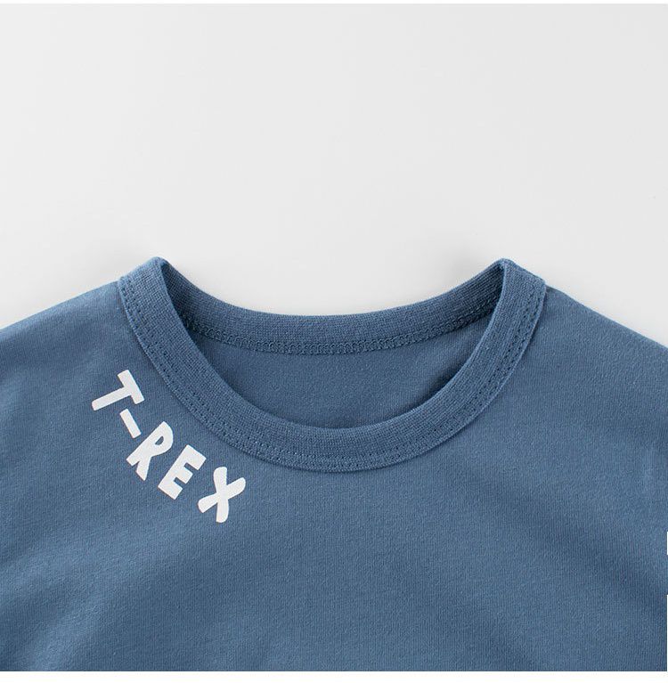 純棉圓領薄長袖上衣-嘻哈籃球恐龍-藍色