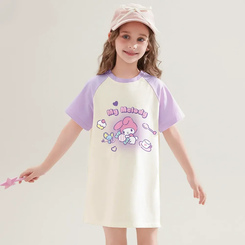 純棉圓領撞色短袖洋裝-卡通人物美樂蒂-紫色