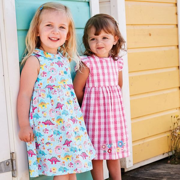 英國 JoJo Maman BeBe - 嬰幼兒/兒童100% 純棉無袖洋裝-粉格紋小花