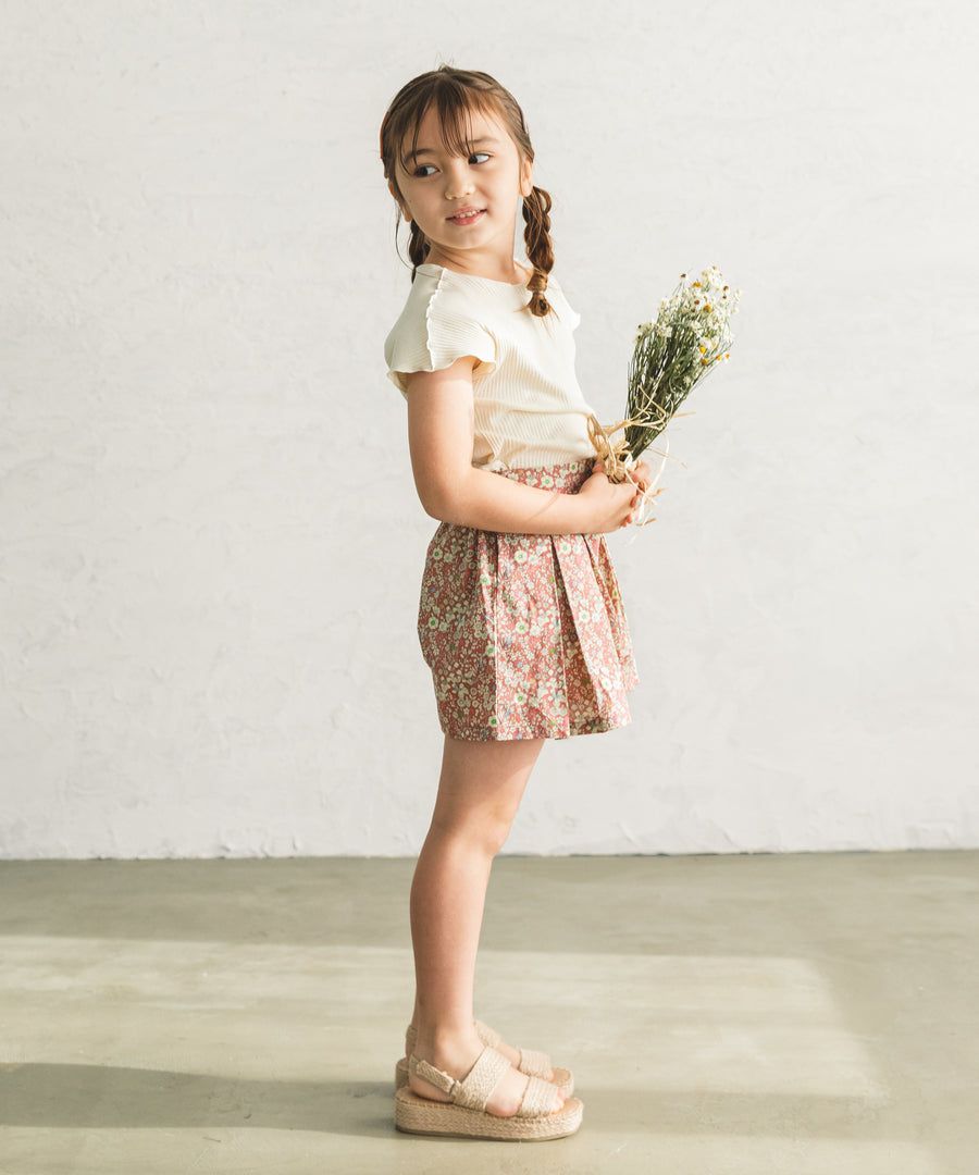 日本 PAIRMANON - 百摺造型排釦短褲裙-碎花-米