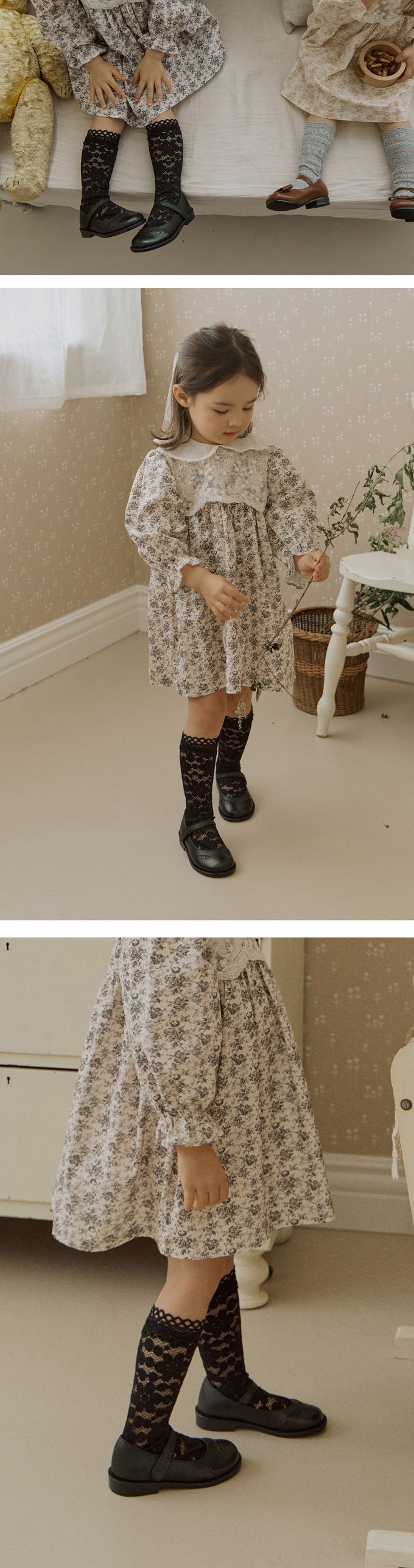 韓國 Puellaflo - 花型鏤空蕾絲小腿襪/中長襪-藕粉