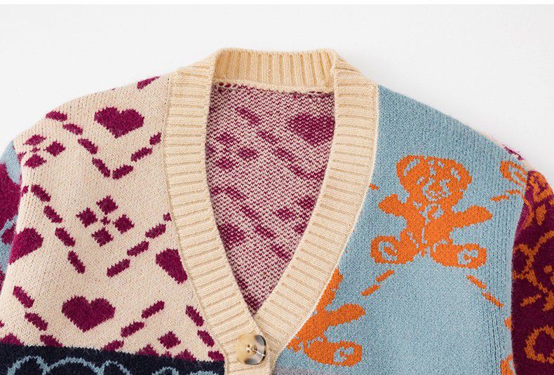 提花小熊針織毛衣外套-深藍色