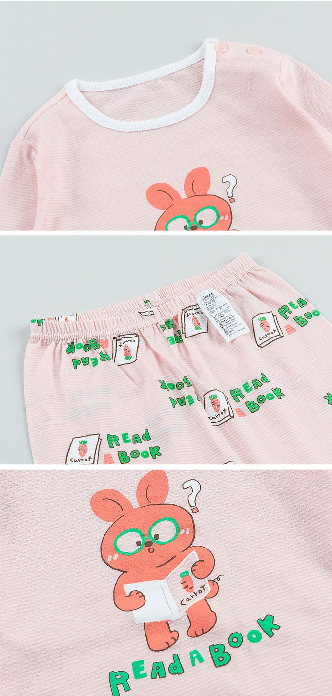 韓國 Cordi-i - 無螢光棉透氣緹花長袖家居服-讀書小兔-粉