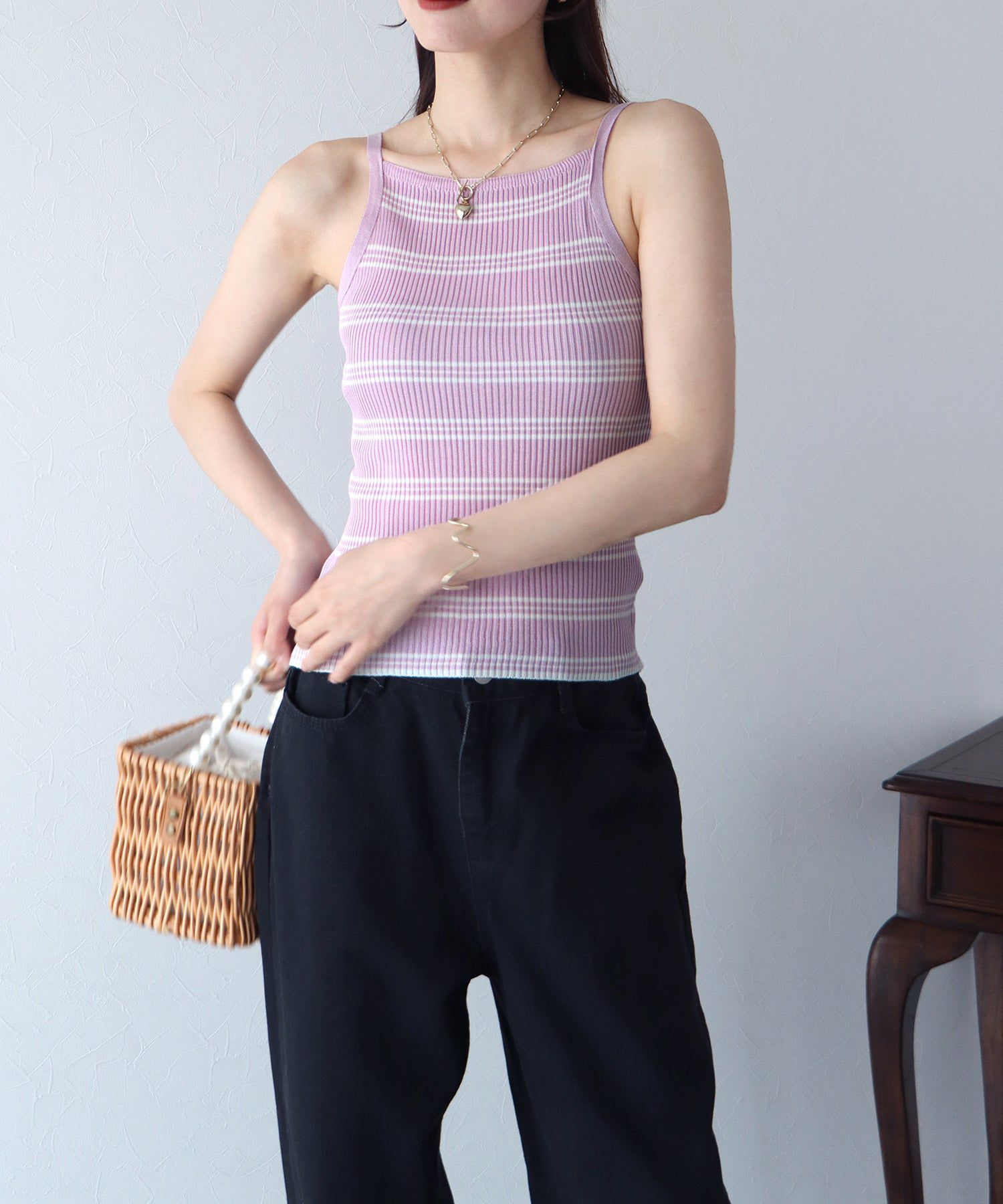 日本 BLUE EAST - 彈性羅紋無袖上衣/內搭-條紋-黑