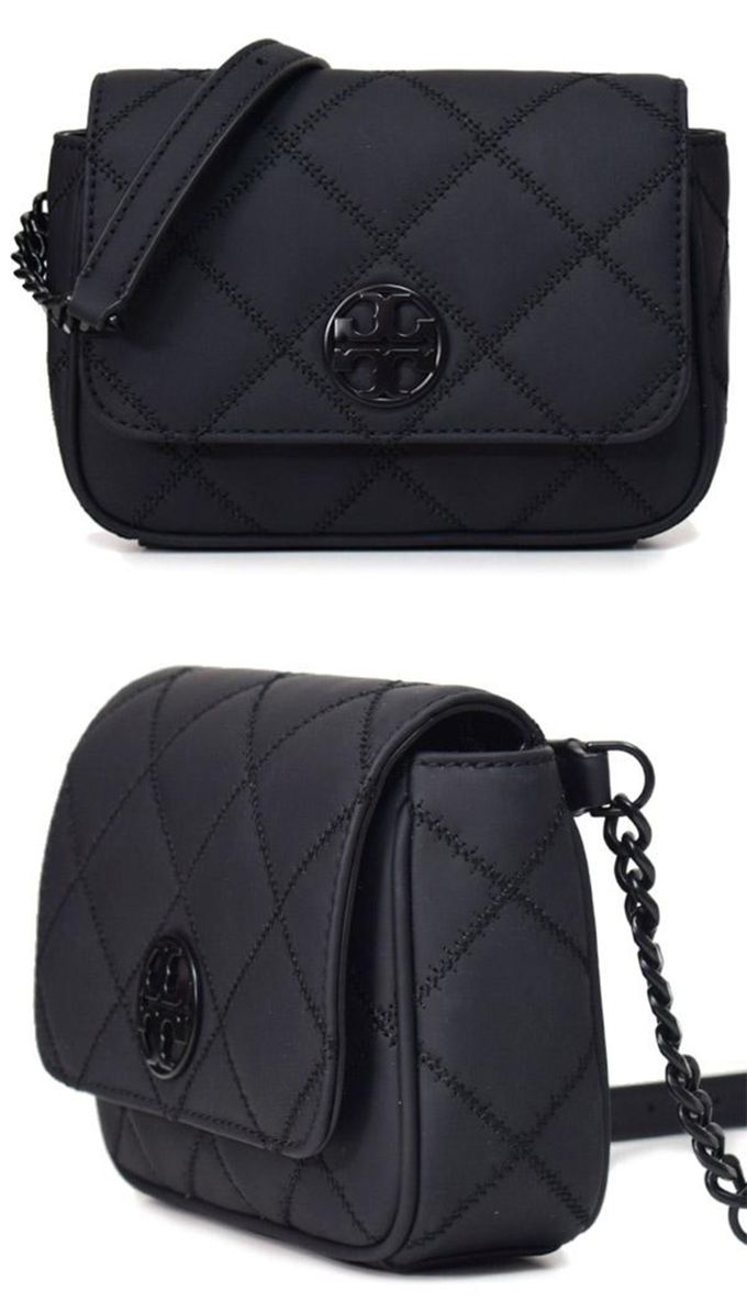TORY BURCH - 格菱紋皮革翻蓋斜背包 (霧黑)