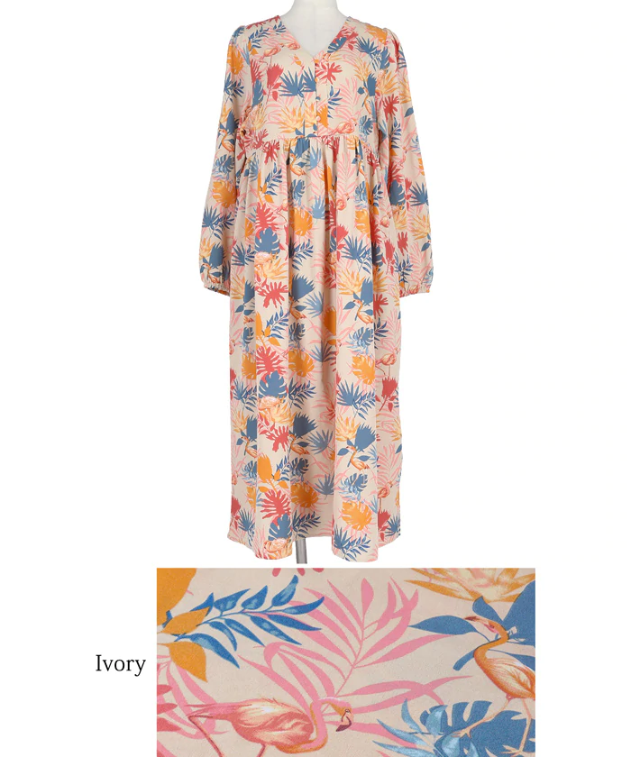 日本 COCA - 夏日風情V領長袖洋裝-繽紛葉子-米杏