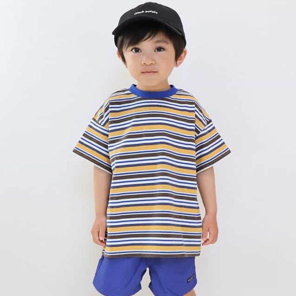 100%棉 百搭條紋落肩短袖上衣-芥黃X棕