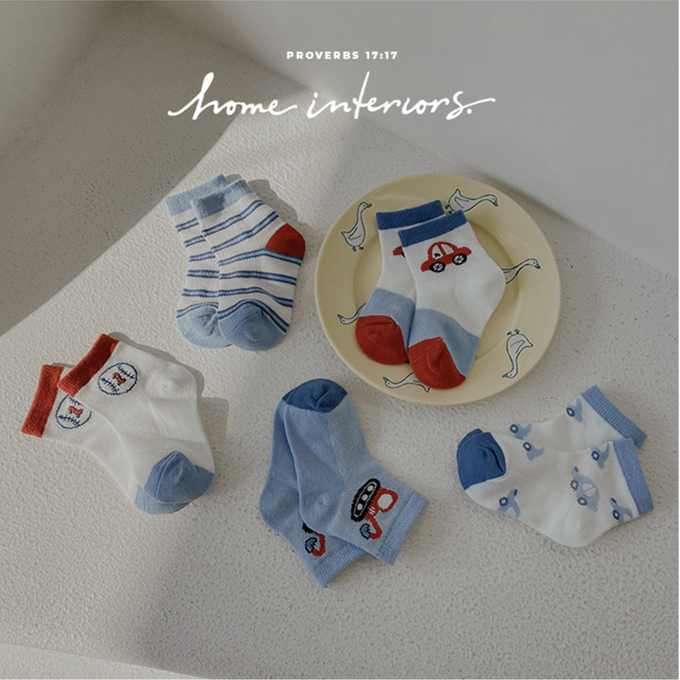 love, charlotte - 童趣小車棒球網眼短筒棉襪-5 雙一組