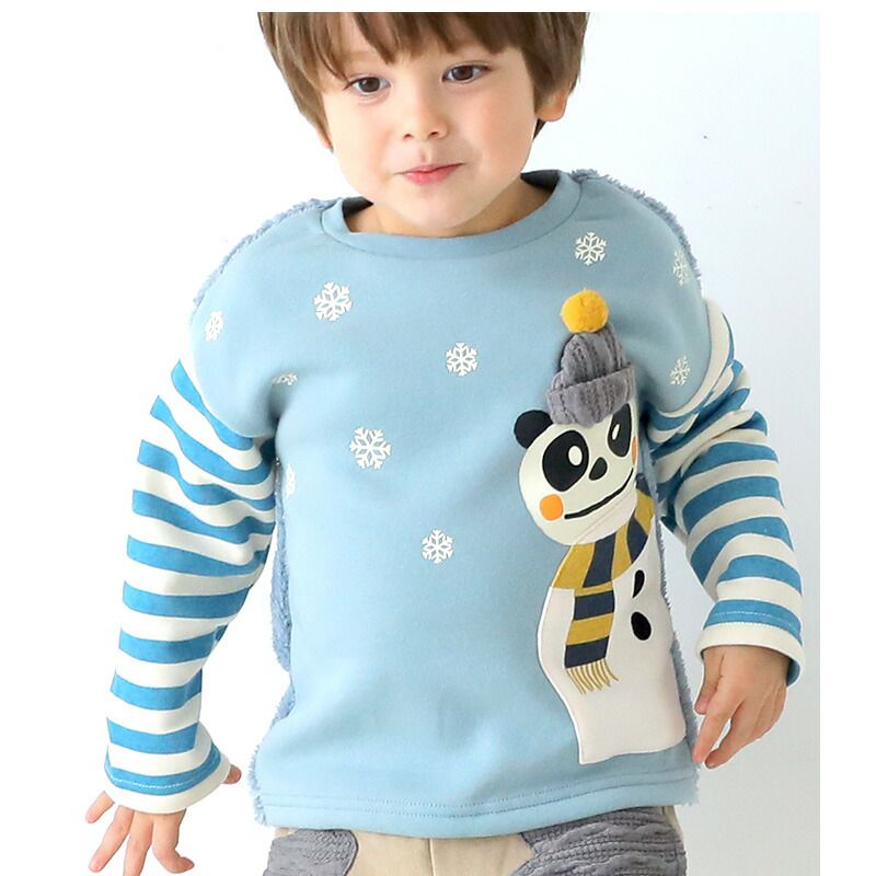 日本 ZOOLAND - 童趣印花圓領長袖上衣-熊貓雪人-條紋x鵝黃