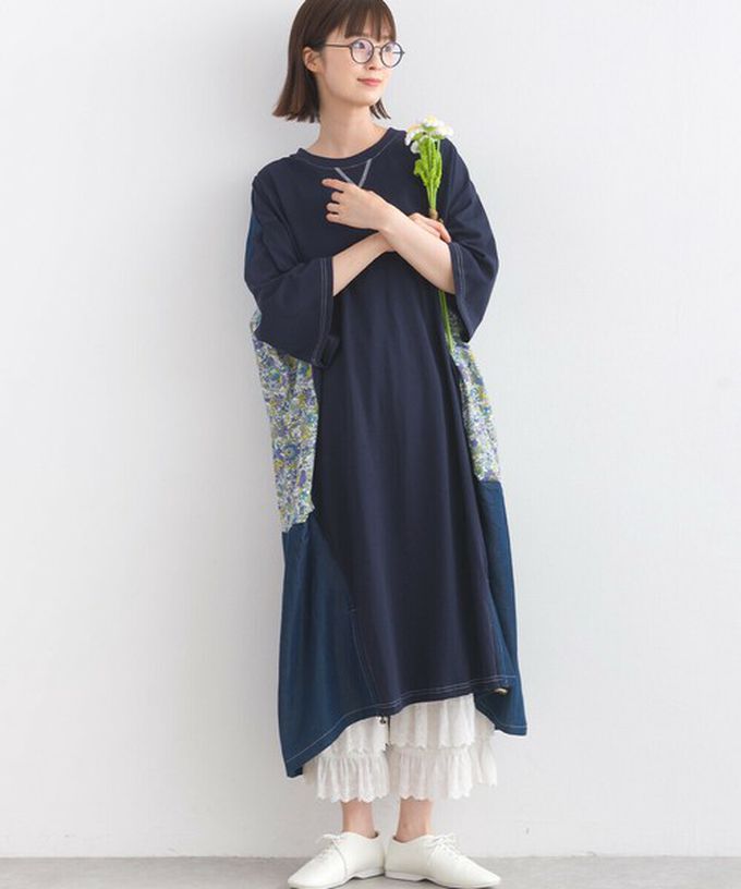 日本 Lupilien - 異素材花朵拼布清新五分袖洋裝-黑