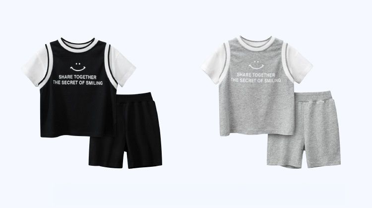 純棉假兩件休閒短袖套裝-微笑-海軍藍