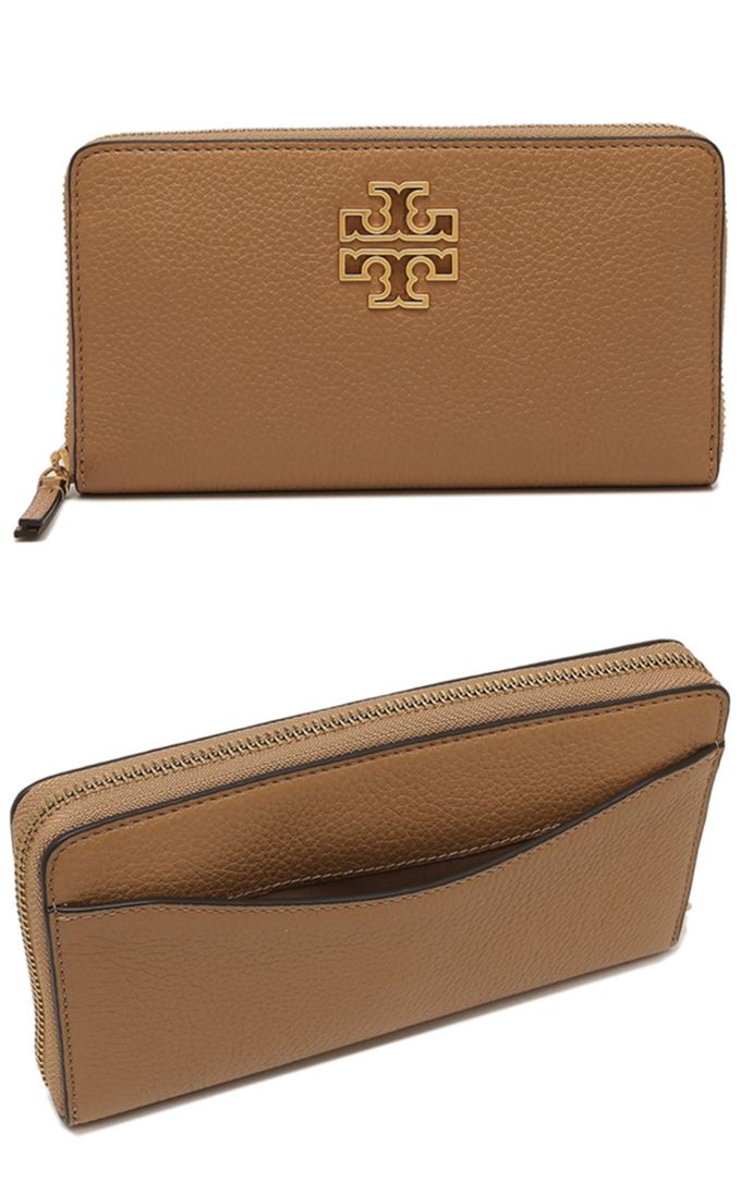 TORY BURCH - 雙T-LOGO皮革拉鍊長夾 (駝)