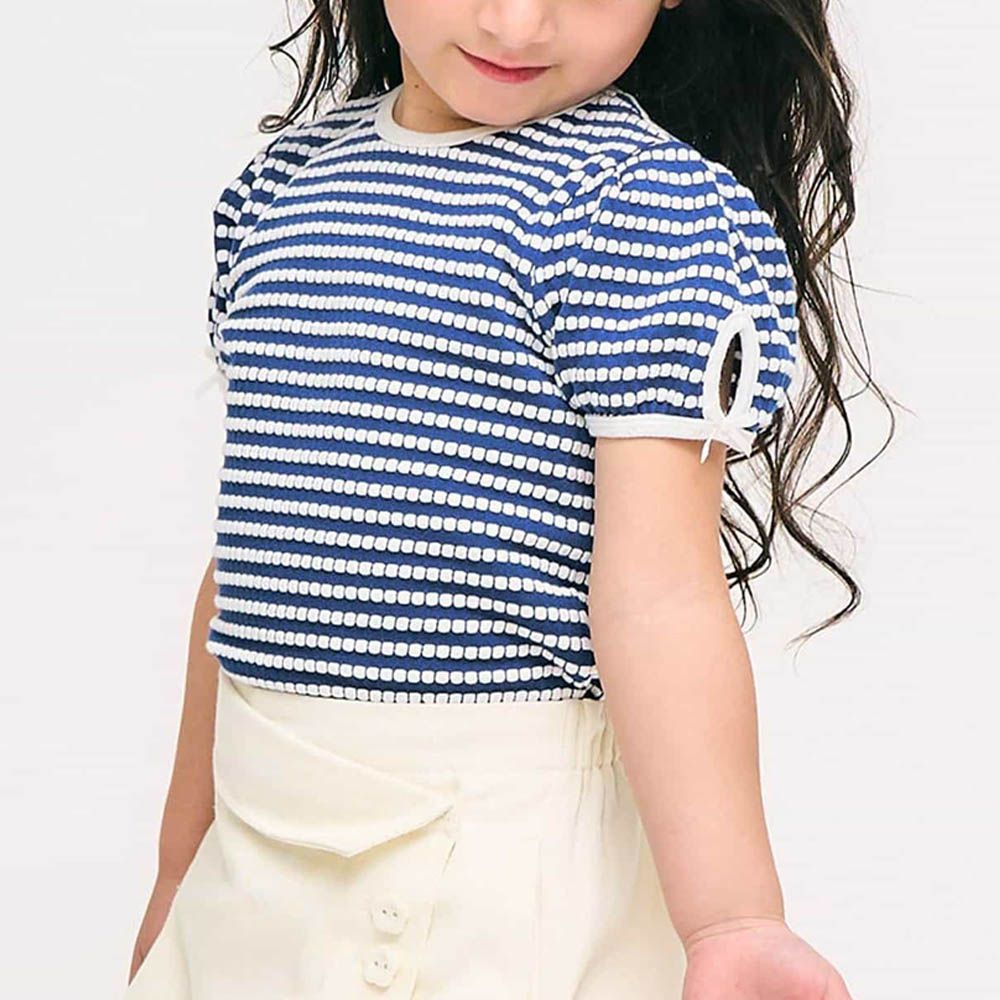 後備鏤空蝴蝶結短袖上衣-條紋-藍x白