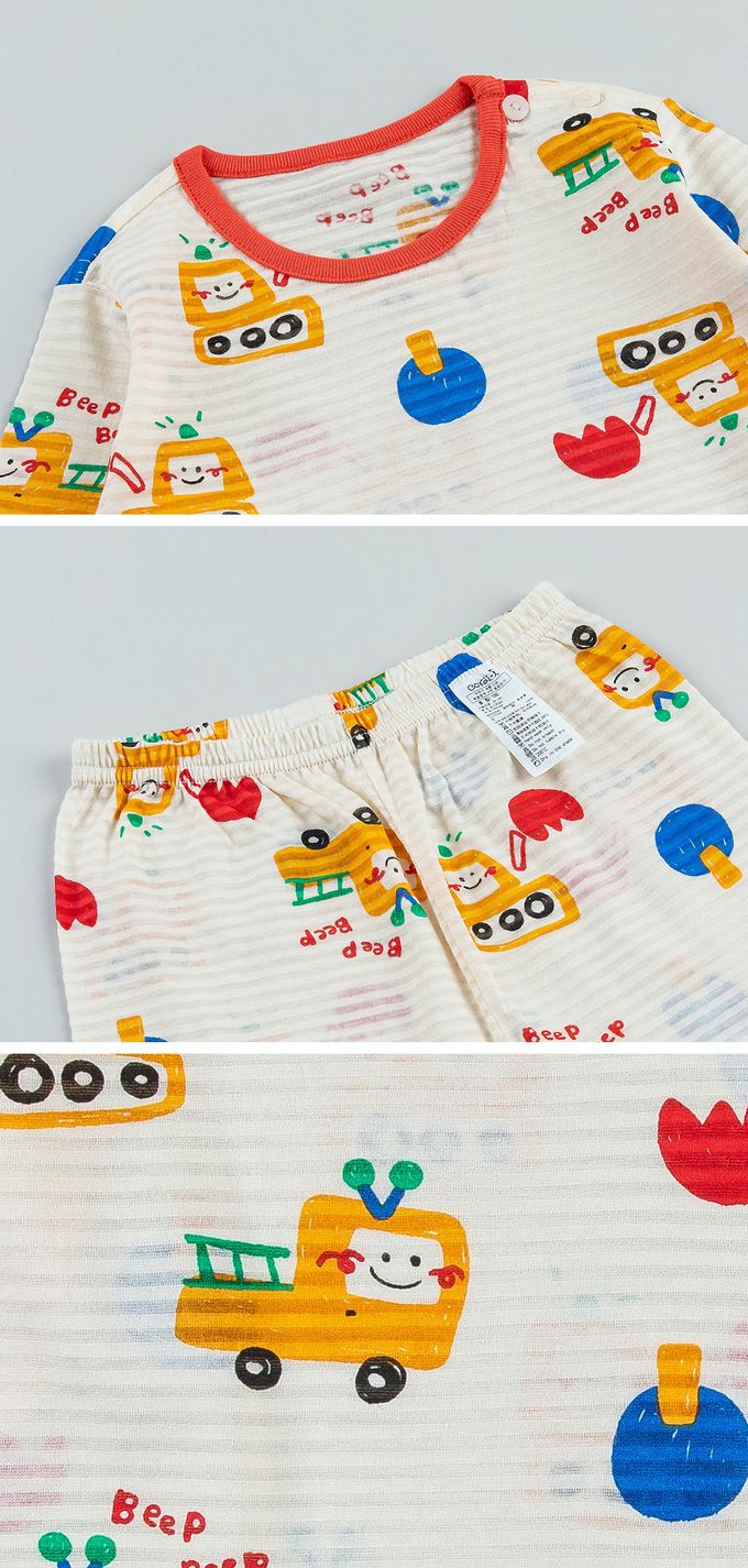 韓國 Cordi-i - 無螢光棉透氣緹花長袖家居服-手繪工程車-米