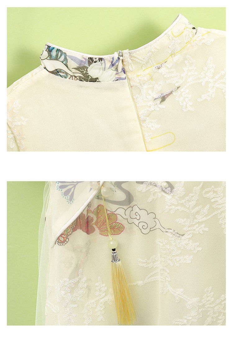 漢服風網紗旗袍短袖洋裝-米白色