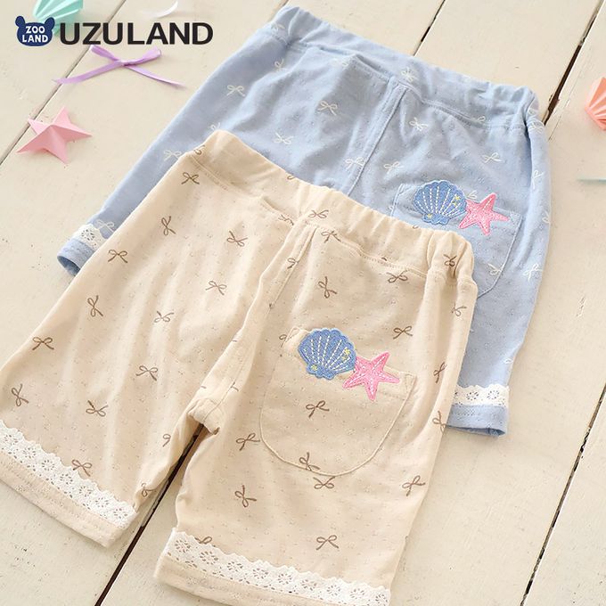 日本 ZOOLAND - 滿版蝴蝶結蕾絲滾邊短褲-貝殼口袋-淺藍