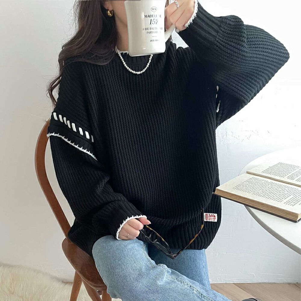 Java 落肩滾邊縫線粗針織長版上衣-黑x白