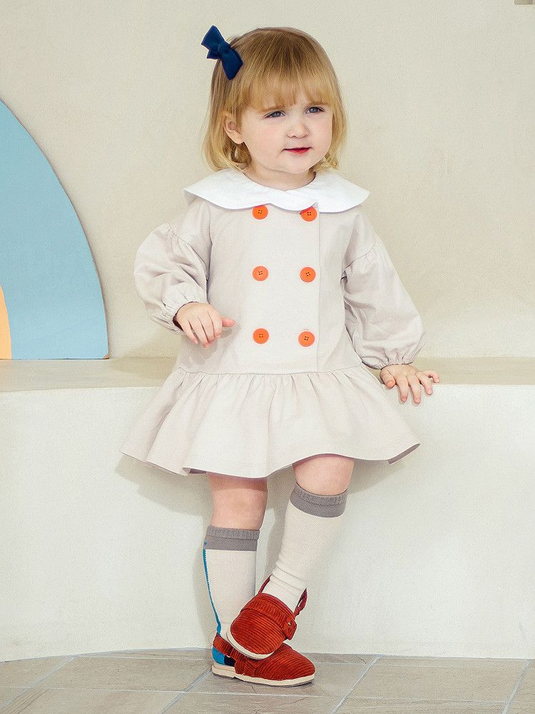 韓國 Pimpollo - 雲朵翻領鈕扣波浪洋裝-綠