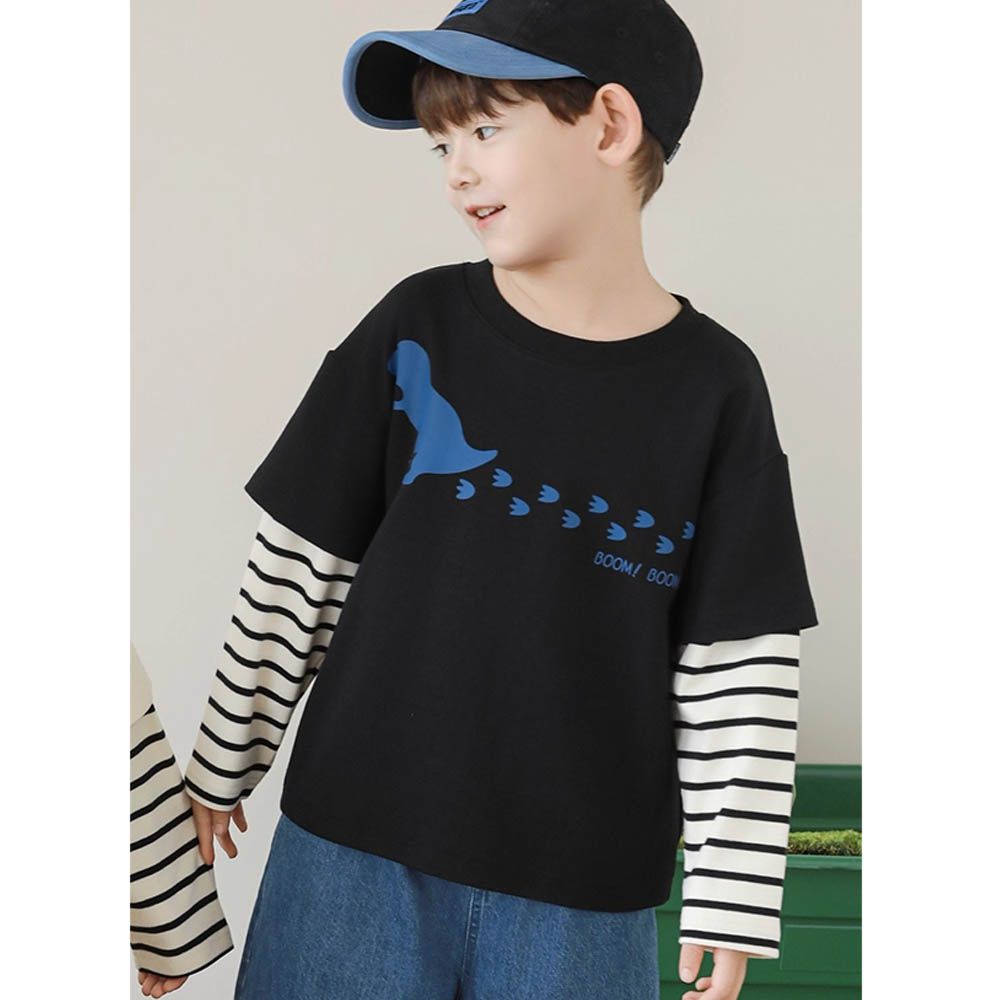 圓領假兩件長袖上衣-恐龍腳印-黑色