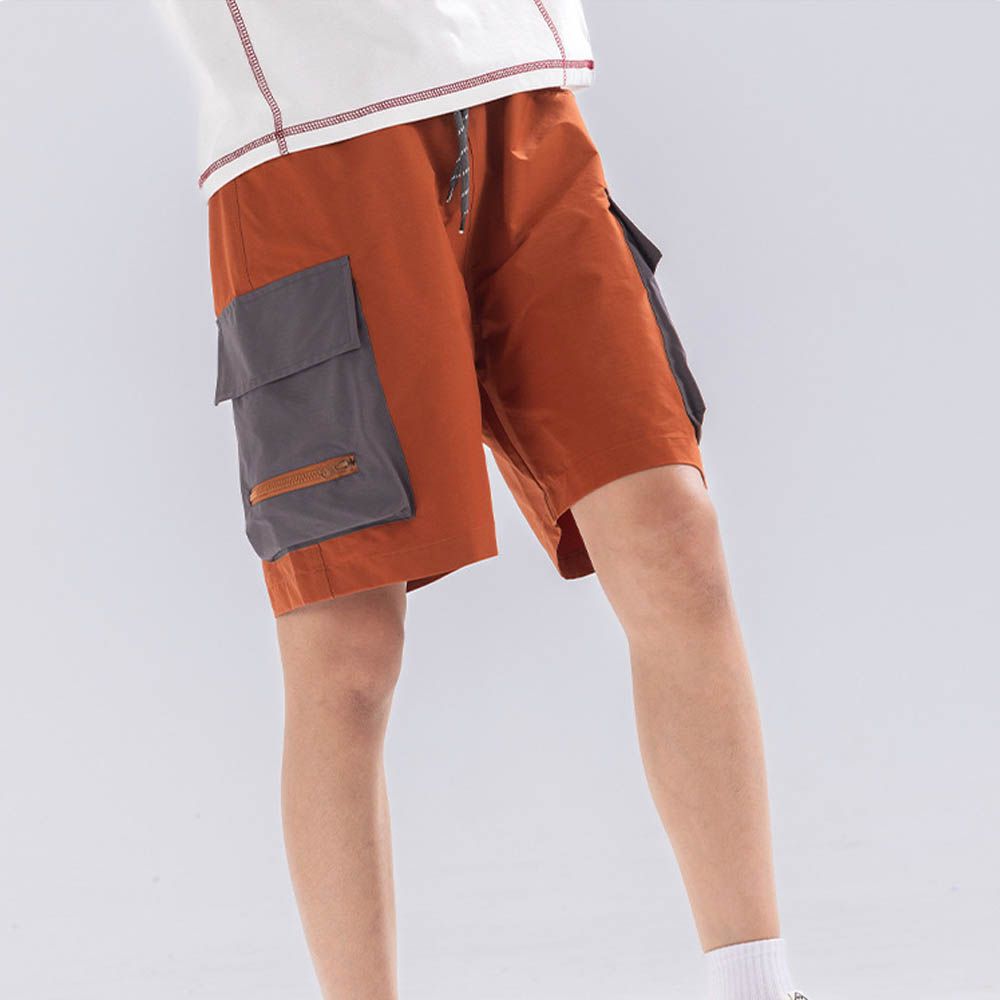 原紗防曬腰鬆緊休閒短褲-拼色口袋-磚紅色