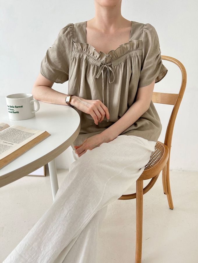 韓國女裝連線 - 波浪方領棉麻短袖上衣-白 (FREE)