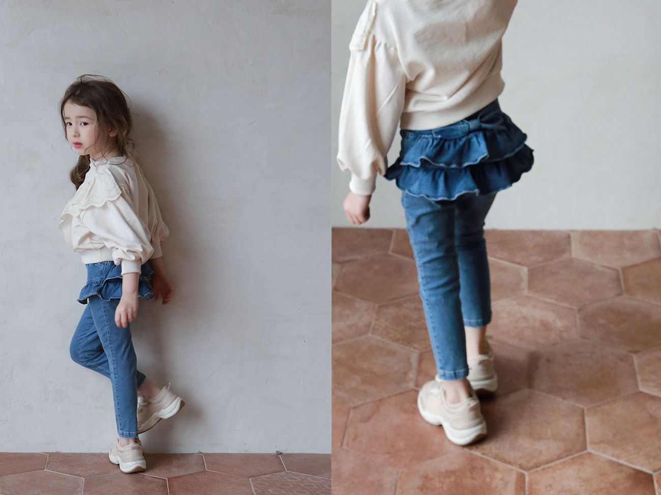 韓國 PuellaFLO - 蝴蝶結蛋糕裙長褲-深藍