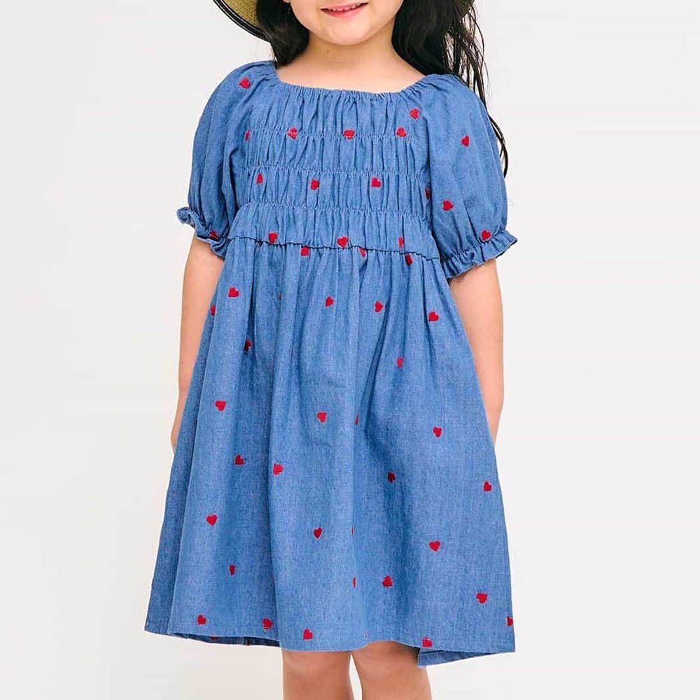 愛心刺繡時尚皺褶短袖洋裝-丹寧藍