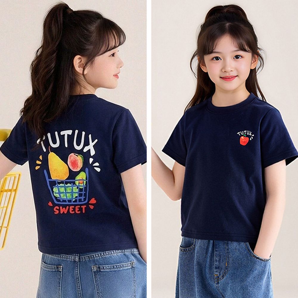 彈性舒適短袖上衣/T恤-水果印花-藏青