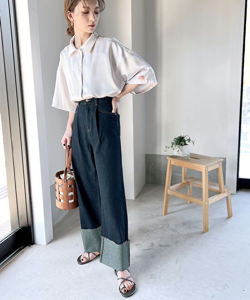 日本 Classical Elf - 美式復古反摺牛仔寬褲-淺水藍