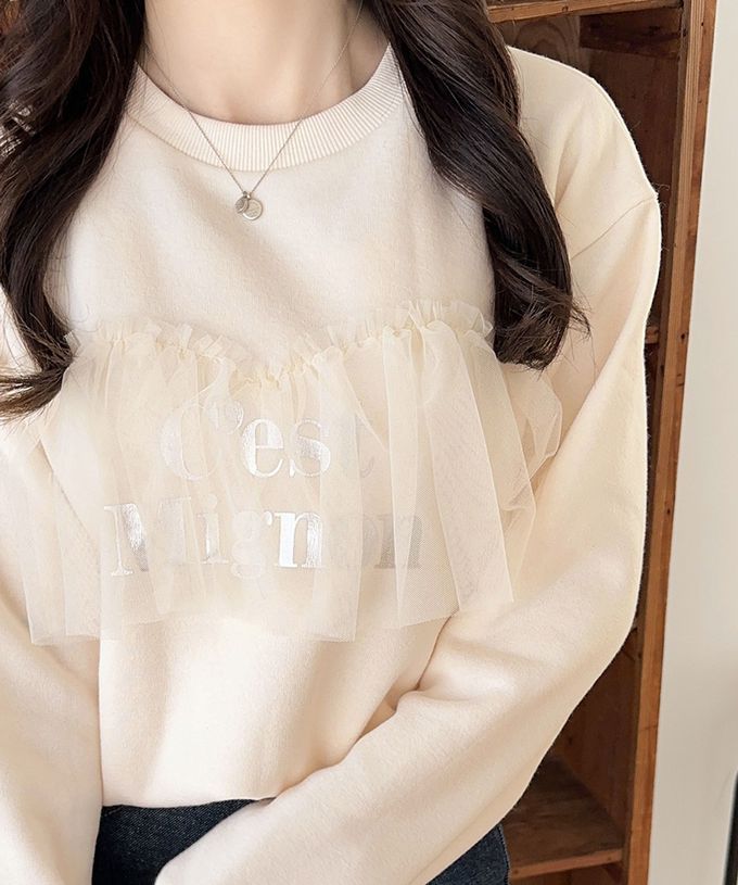 日本 Classical Elf - 胸前薄紗裏起毛休閒T恤-淺灰