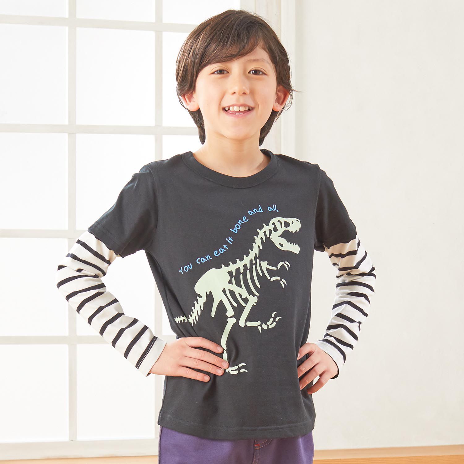 日本千趣會 - 純棉長T(蓄光設計)-恐龍-黑色系