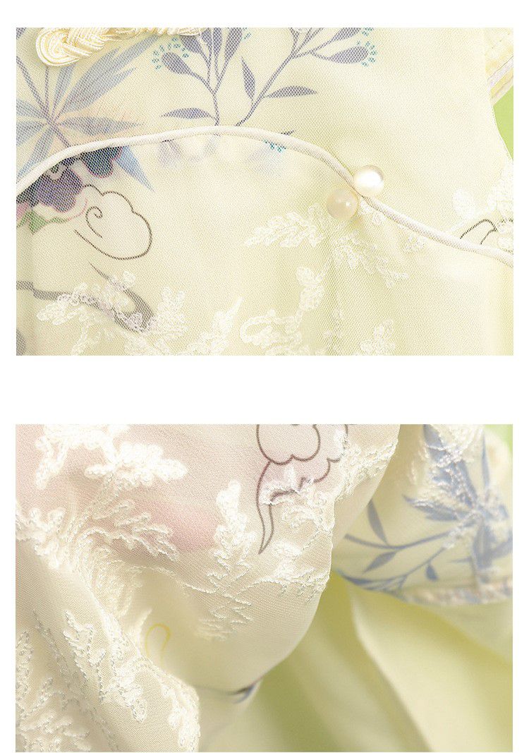 漢服風網紗旗袍短袖洋裝-米白色