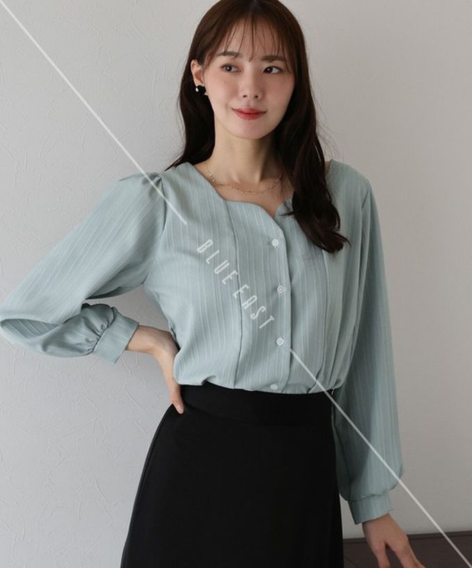 日本 BLUE EAST - 甜美心型領線條紋理長袖襯衫-杏橘