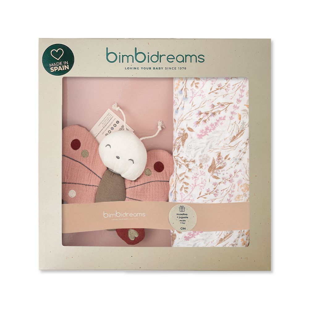 【bimbidreams】竹纖維紗布包巾+玩偶禮盒 120x120cm(寶寶新生兒禮 滿月禮 彌月禮 嬰兒禮盒 推車蓋毯 萬用巾 紗布被  哺乳巾 小被被 嬰兒毯)-小蝴蝶